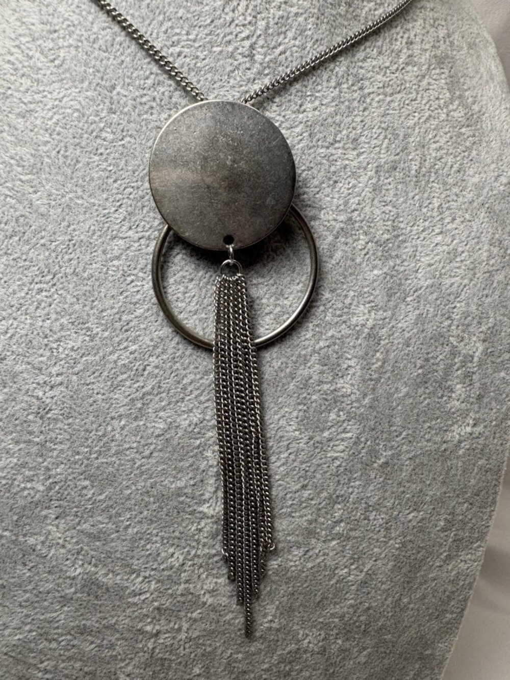 Gunmetal Statement Necklace Long Disc pendant Circle Tassel Fringe Modern